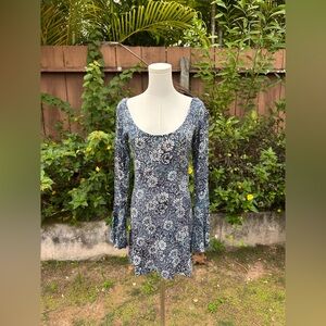 YIREH Long Bell Sleeve Floral Tie-Dye Print Mini Dress